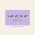 Haus of Emmy gift card — lilac card on cream with the Haus of Emmy wordmark